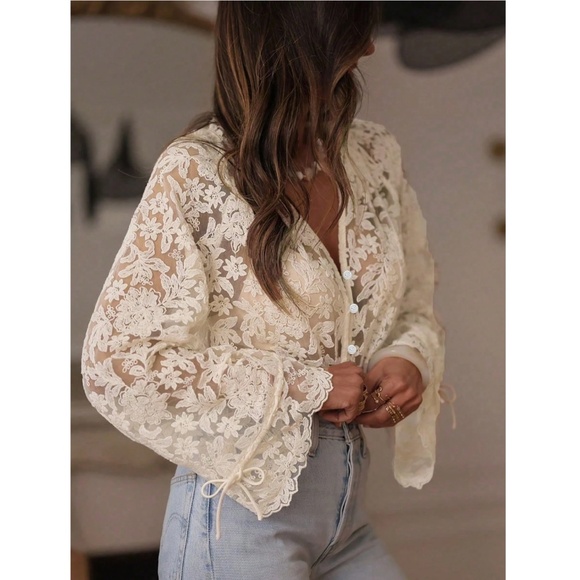 Guipure Lace on Mesh Cream V-Neck Floral Pattern Button Down Shirt - Picture 4 of 10